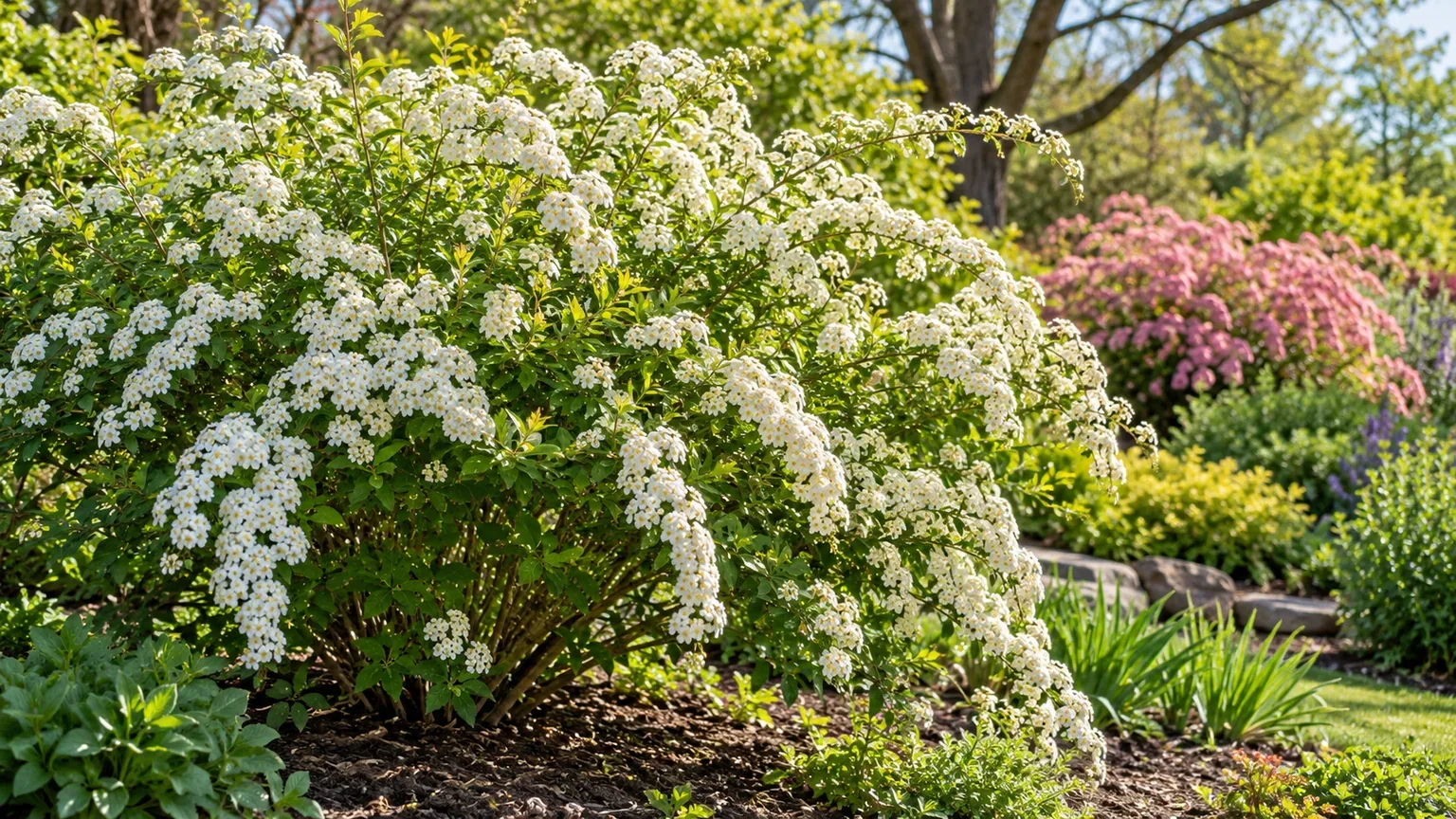 Arching spirea shrubs with white spring flowers and pink blooms in a garden border