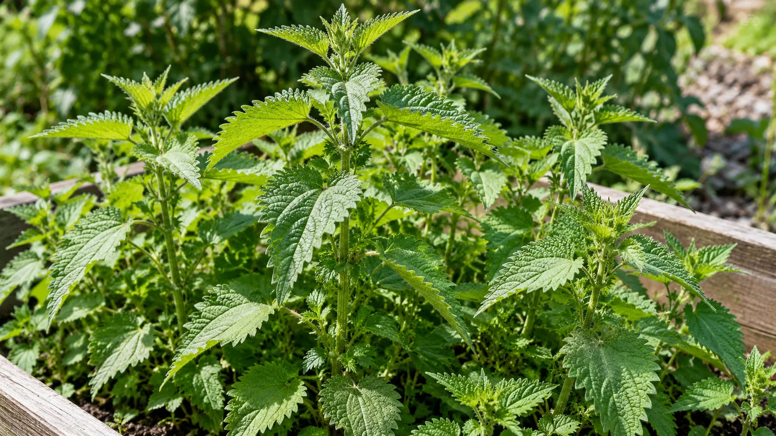 Healthy stinging nettle with serrated leaves in a contained outdoor bed