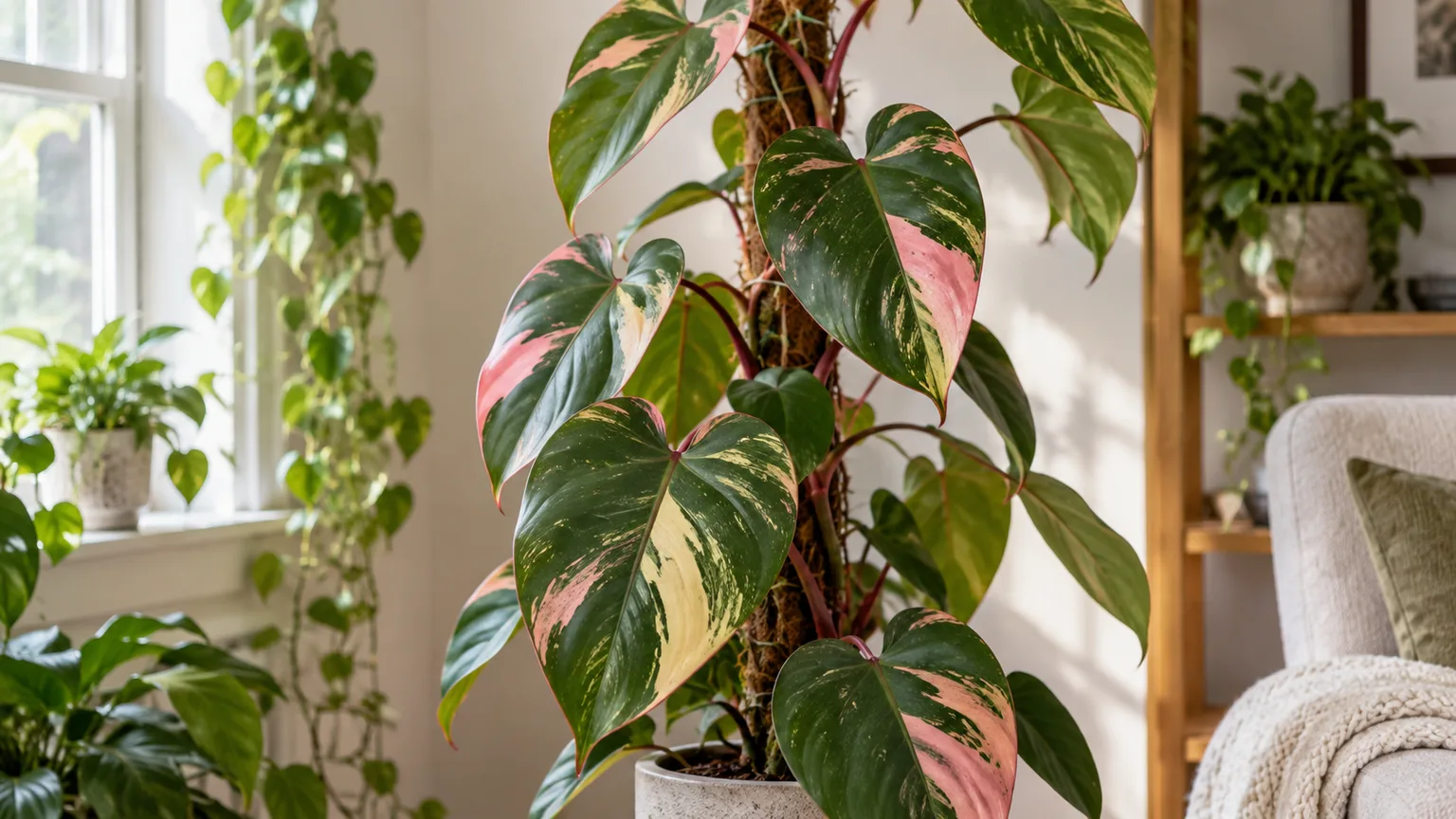 Strawberry Shake Philodendron climbing with green, cream, yellow, and pink variegated leaves