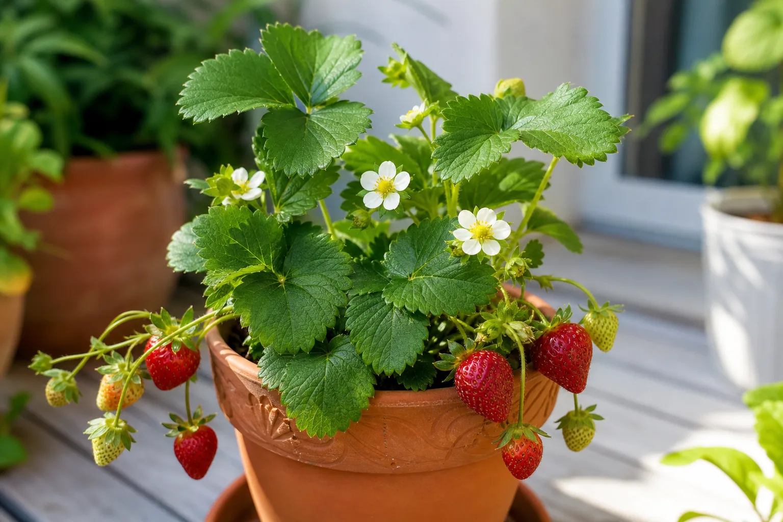 Healthy strawberry plant flowering and carrying ripe and unripe fruit in a container