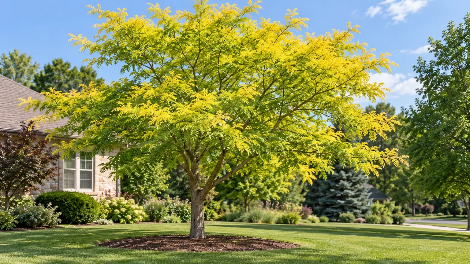 Sunburst honey locust with airy spring canopy of golden fern-like leaves in a lawn
