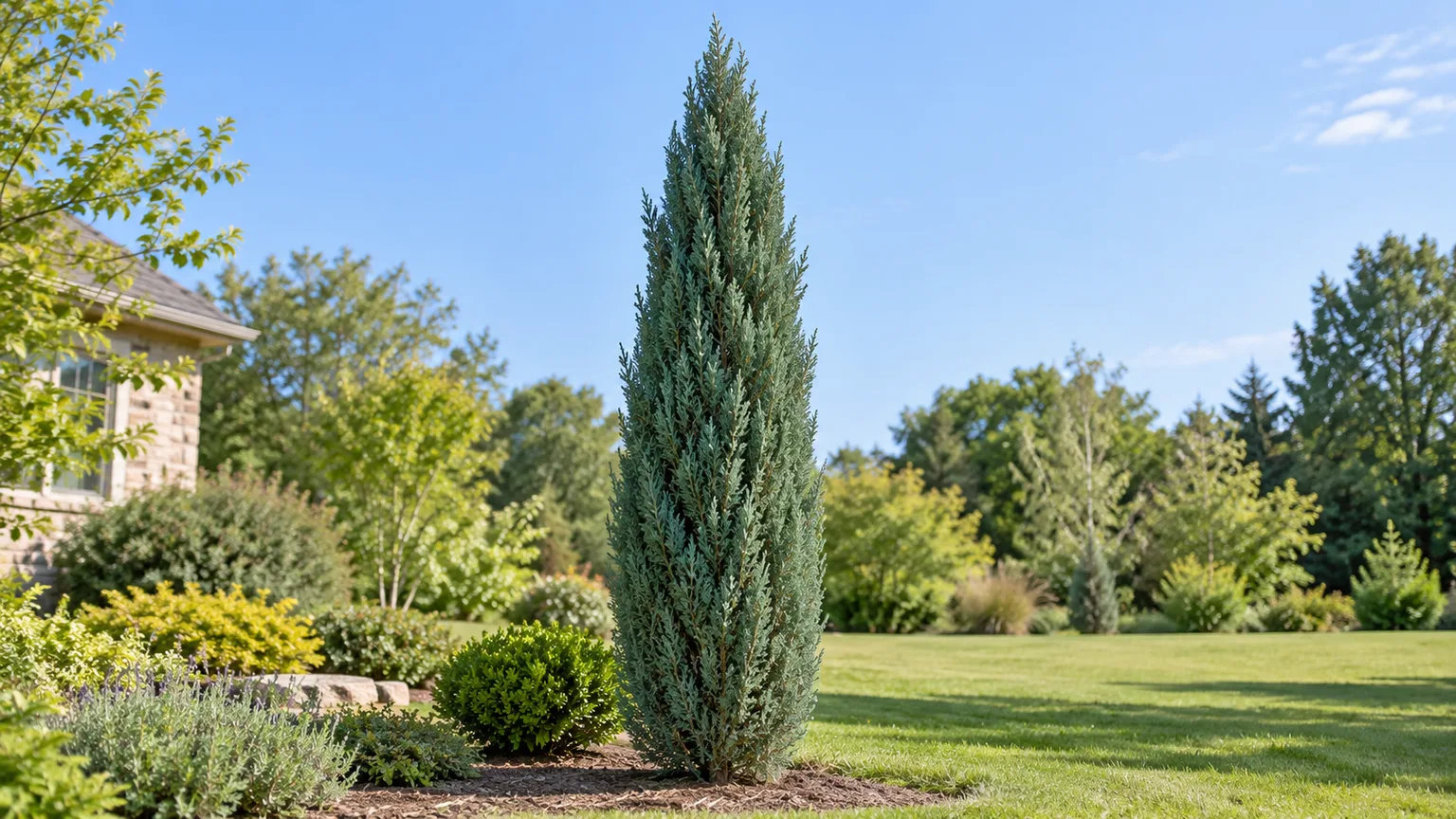 Healthy Taylor juniper with a narrow columnar habit in a sunny landscape.