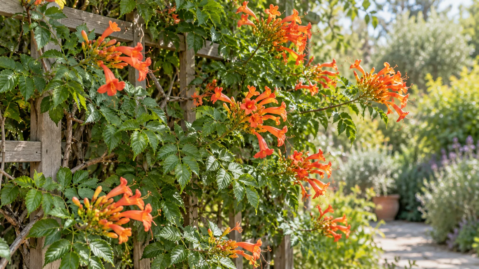 Orange-red Cape honeysuckle with pinnate foliage trained across a wooden trellis