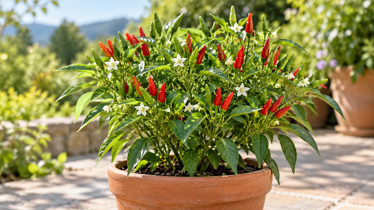 Healthy Thai bird’s-eye pepper plant with upright red and green fruits