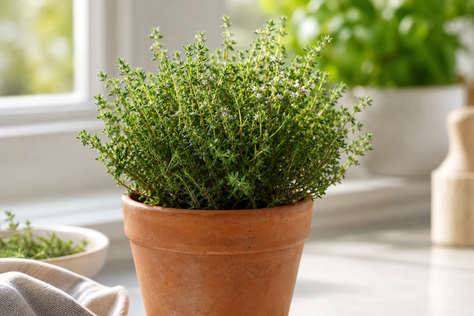 Healthy thyme plant with leafy green stems ready for harvesting