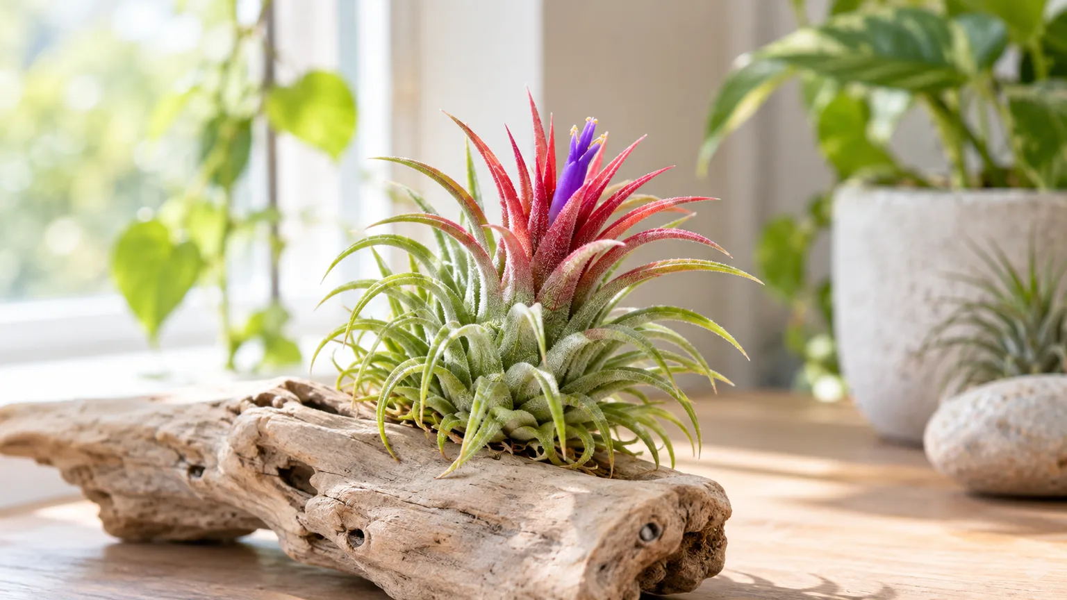 Healthy Tillandsia ionantha with red central leaves and a violet flower on driftwood