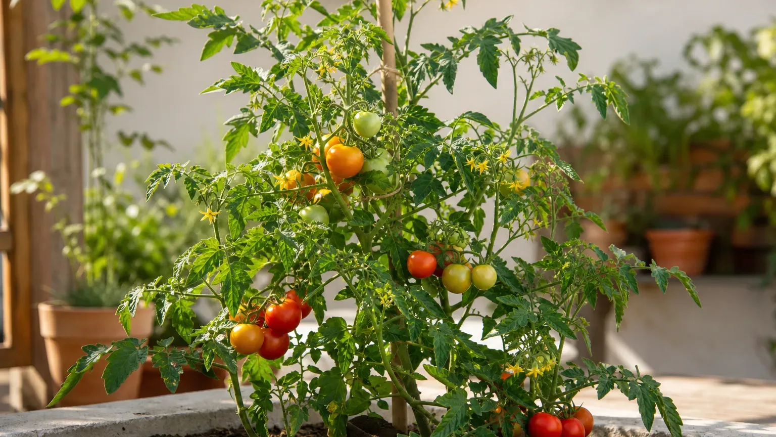 Healthy tomato plant carrying green, orange, and red fruit in a sunny garden