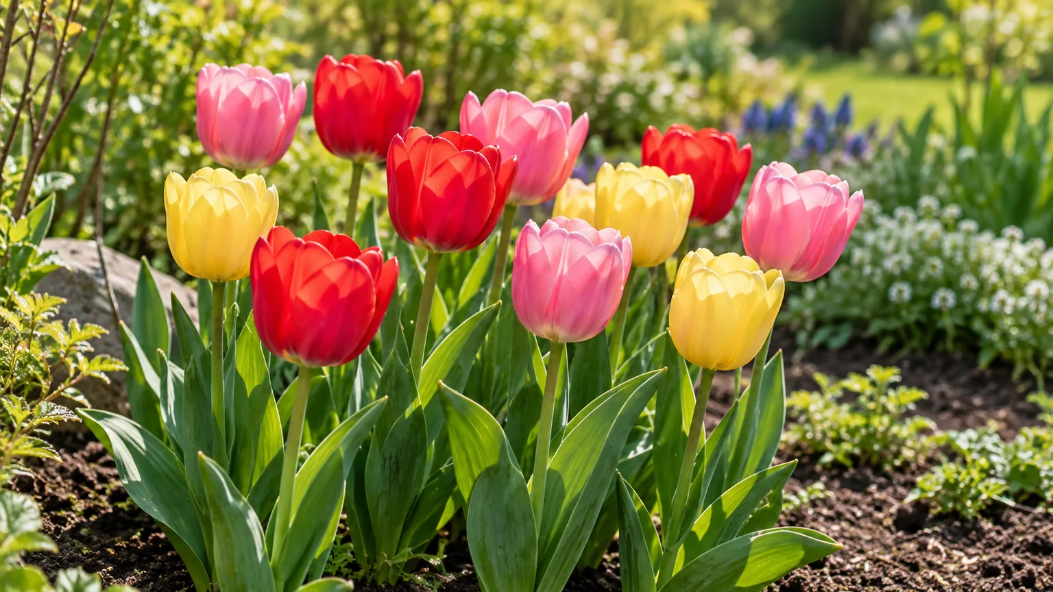 Red, pink, and yellow tulips blooming above healthy green leaves in a sunny garden border