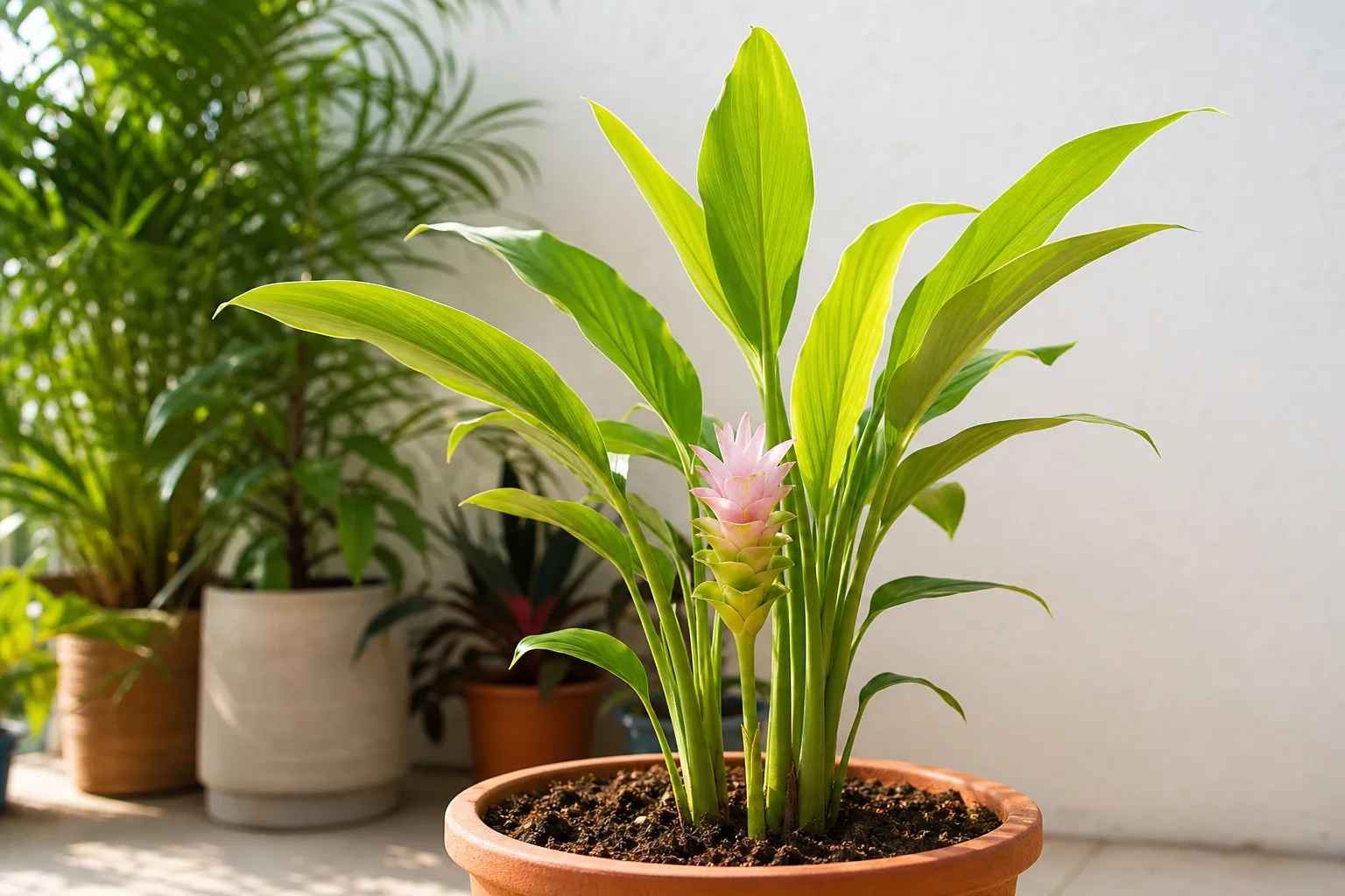 Healthy turmeric plant with broad green leaves