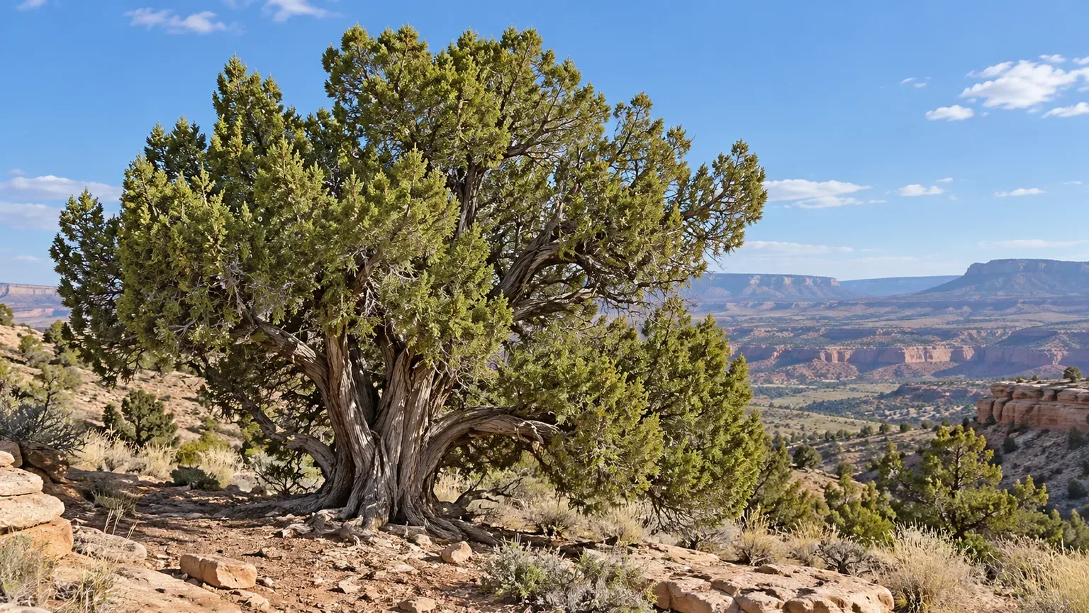 Mature Utah juniper with an irregular crown and fibrous bark in a rocky western landscape