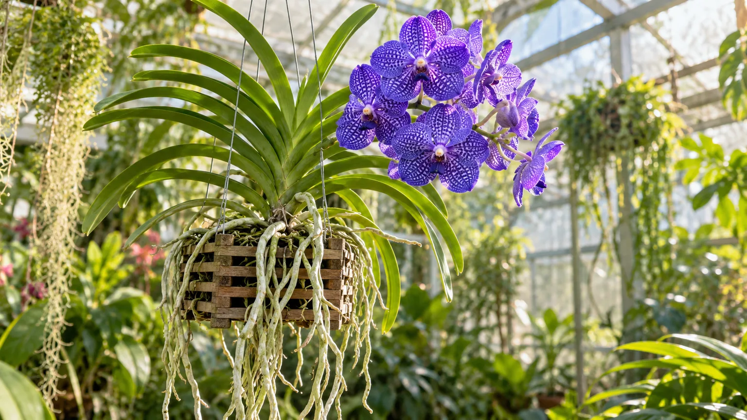 Healthy Vanda orchid with purple patterned flowers and long aerial roots in a slatted basket