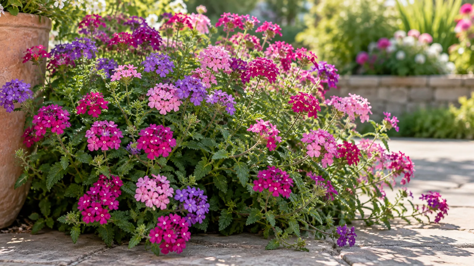 Healthy garden verbena with clusters of pink, purple, and magenta flowers in full sun