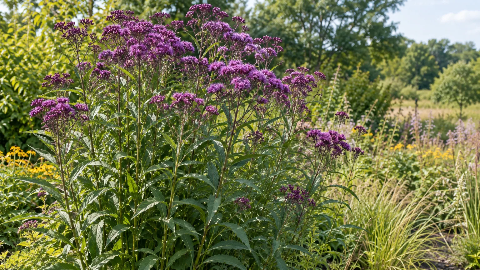 New York ironweed with upright green stems and clustered purple flowers in a sunny native garden