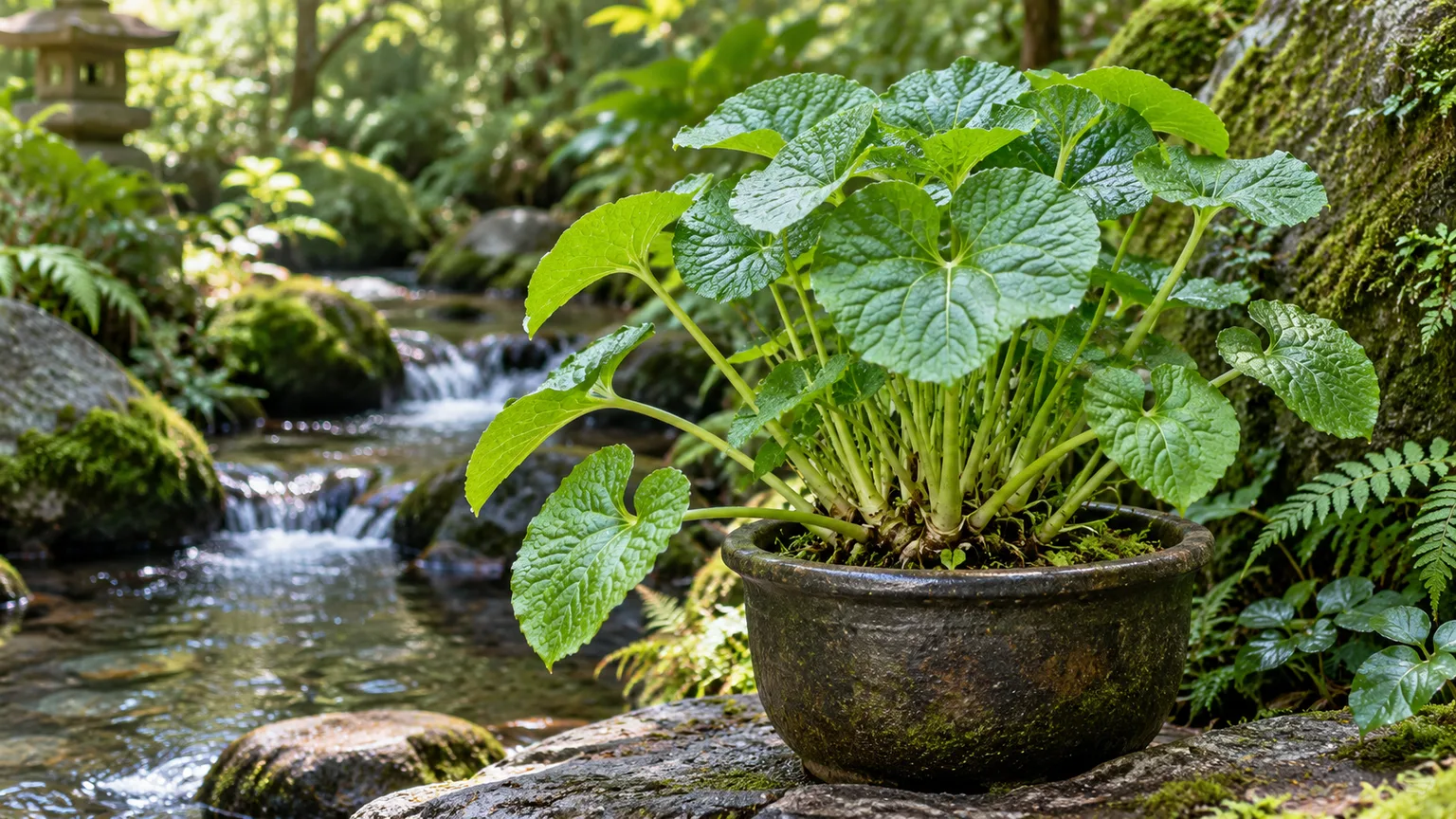 Healthy wasabi plant with rounded green leaves in a cool shaded garden beside a flowing stream