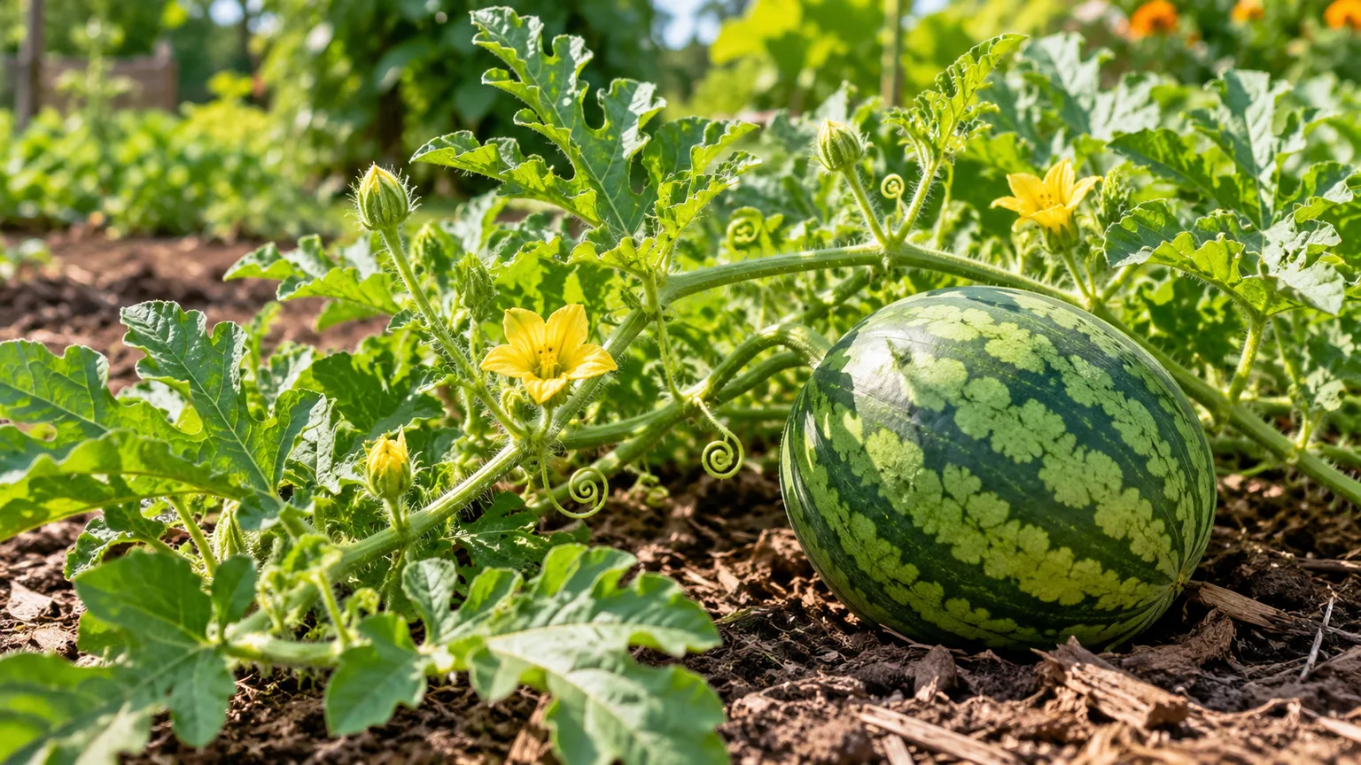 Healthy watermelon vine with lobed leaves, yellow flowers, and a developing striped fruit in a sunny garden bed