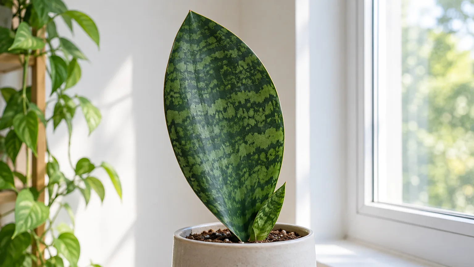Healthy whale fin snake plant with a broad mottled paddle-shaped leaf in bright filtered light