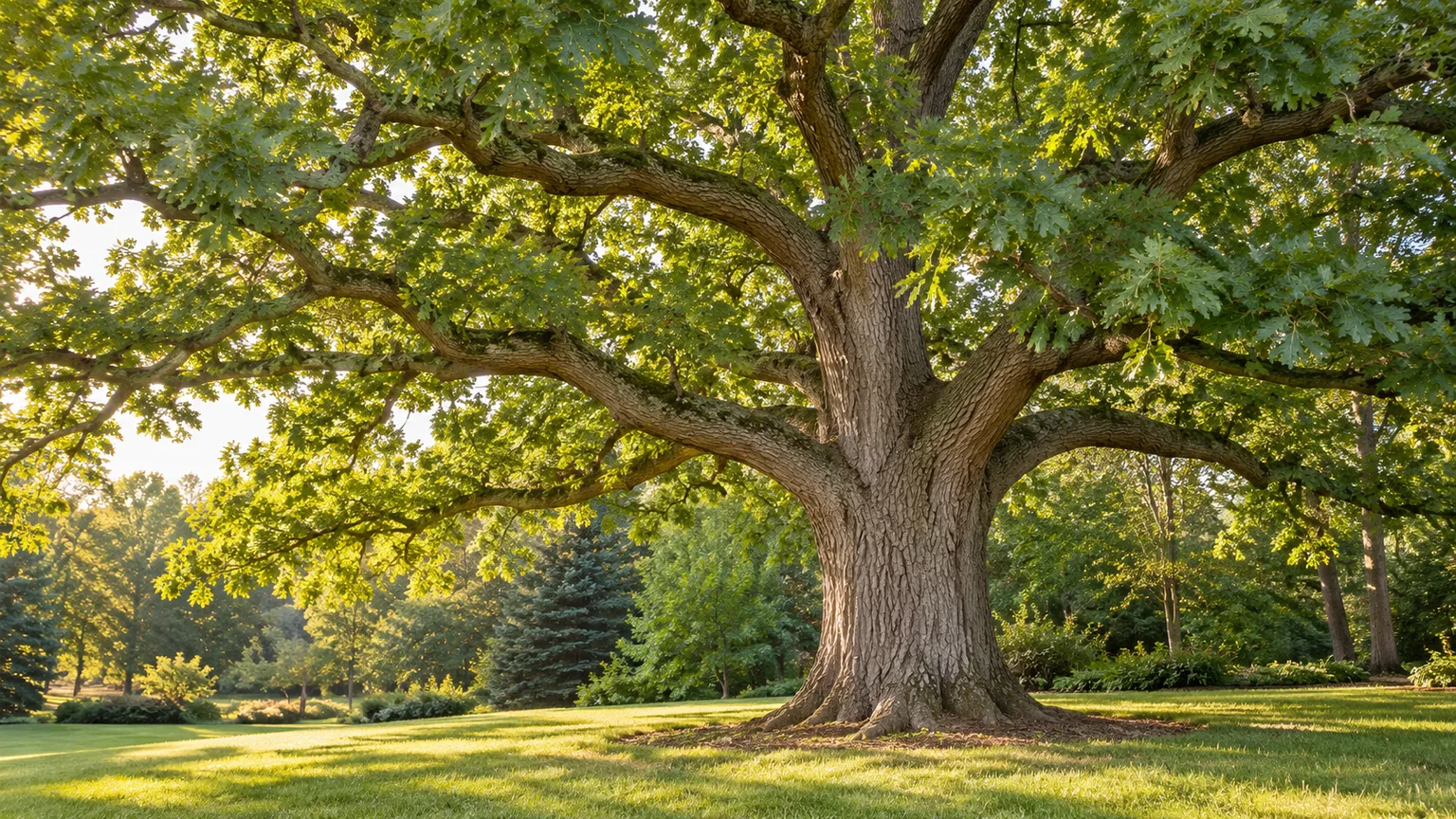 Mature white oak with a broad canopy and deeply furrowed gray bark