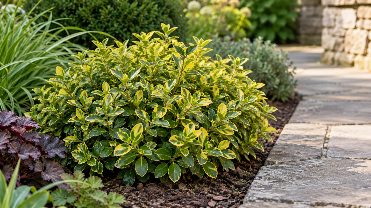 Variegated wintercreeper growing as a low, contained mound beside a stone garden path
