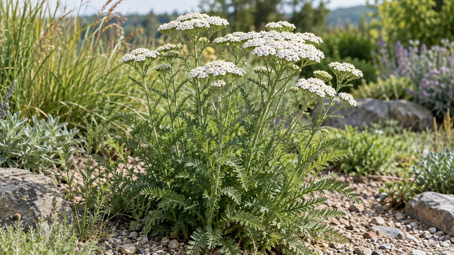 Healthy common yarrow with white flower clusters and finely divided foliage