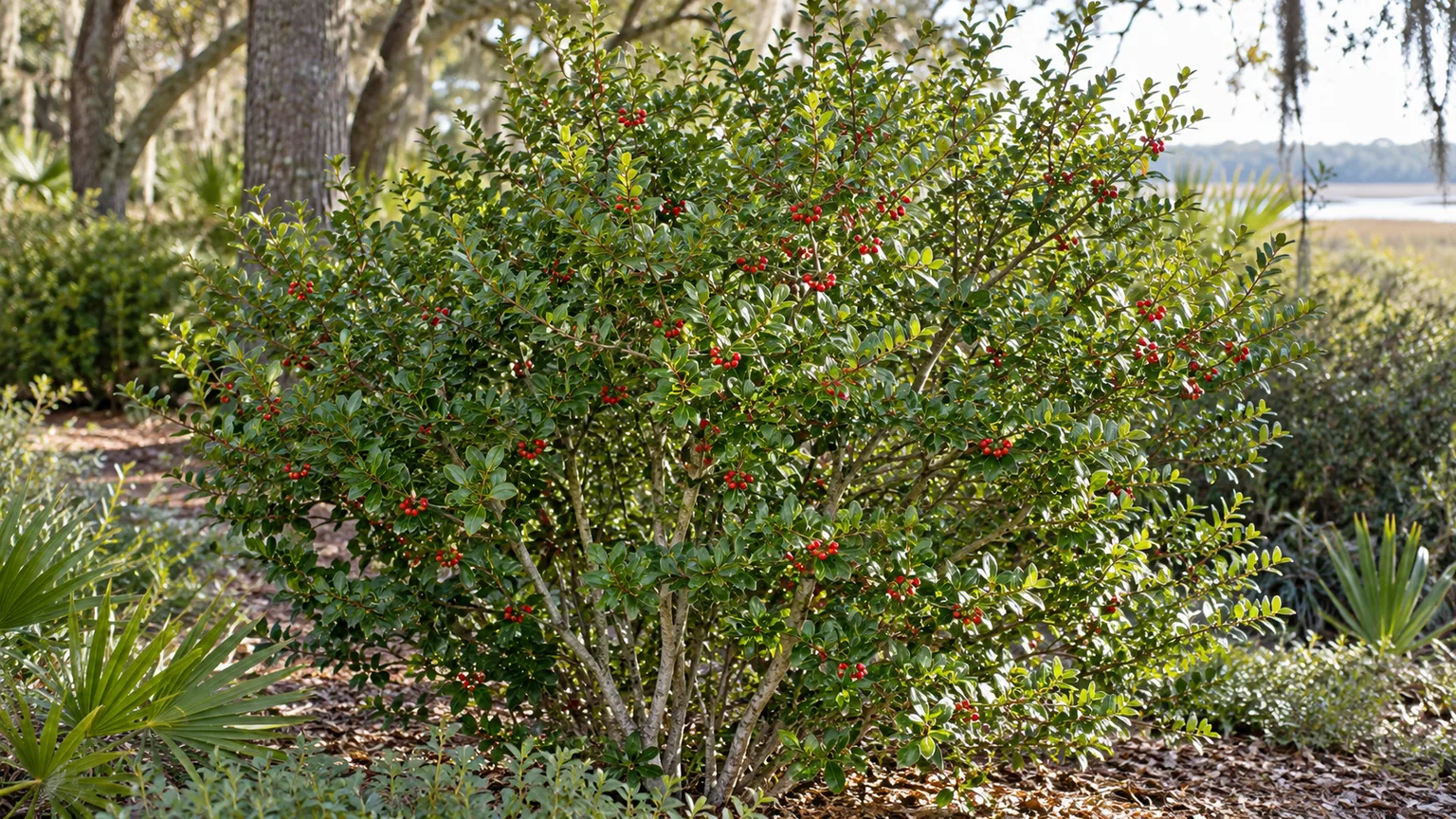 Evergreen yaupon holly with clusters of red berries