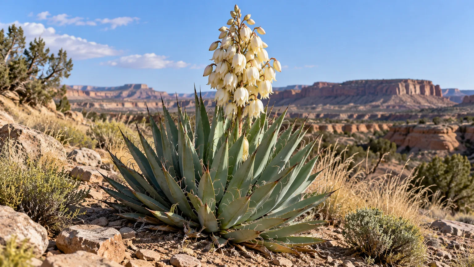 Healthy banana yucca (Yucca baccata) with a low rosette of blue-green, sharply pointed leaves.