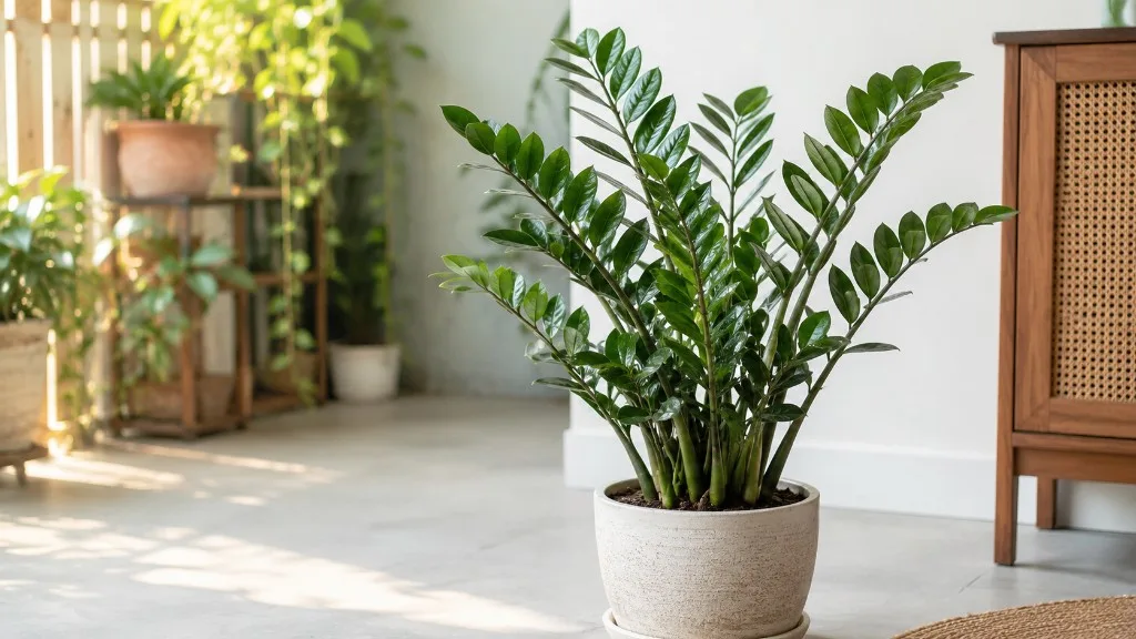 Healthy ZZ plant with glossy upright leaflets in bright indirect indoor light